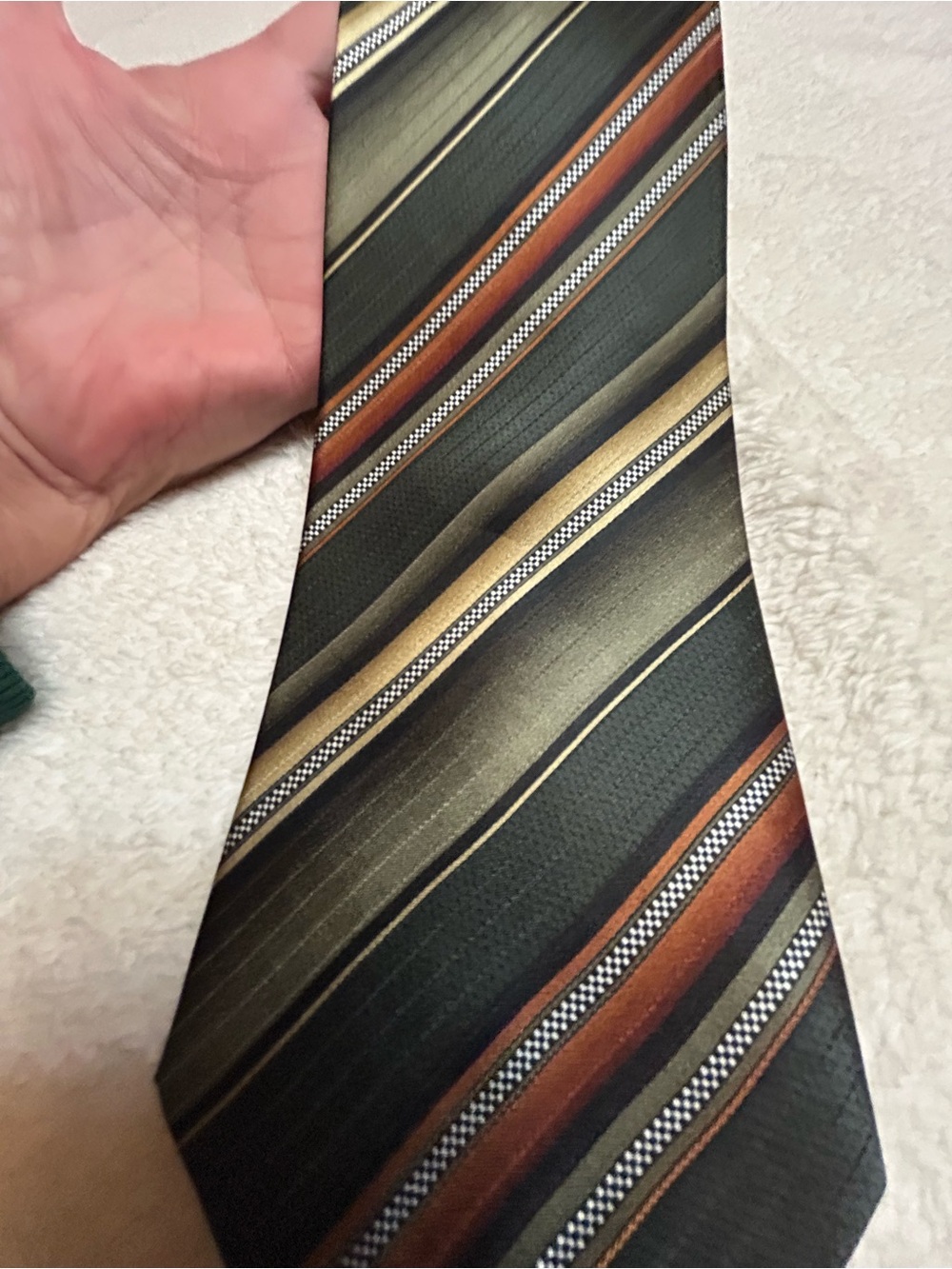 🎁3 for $30 - Olive Green and Brown Striped Necktie